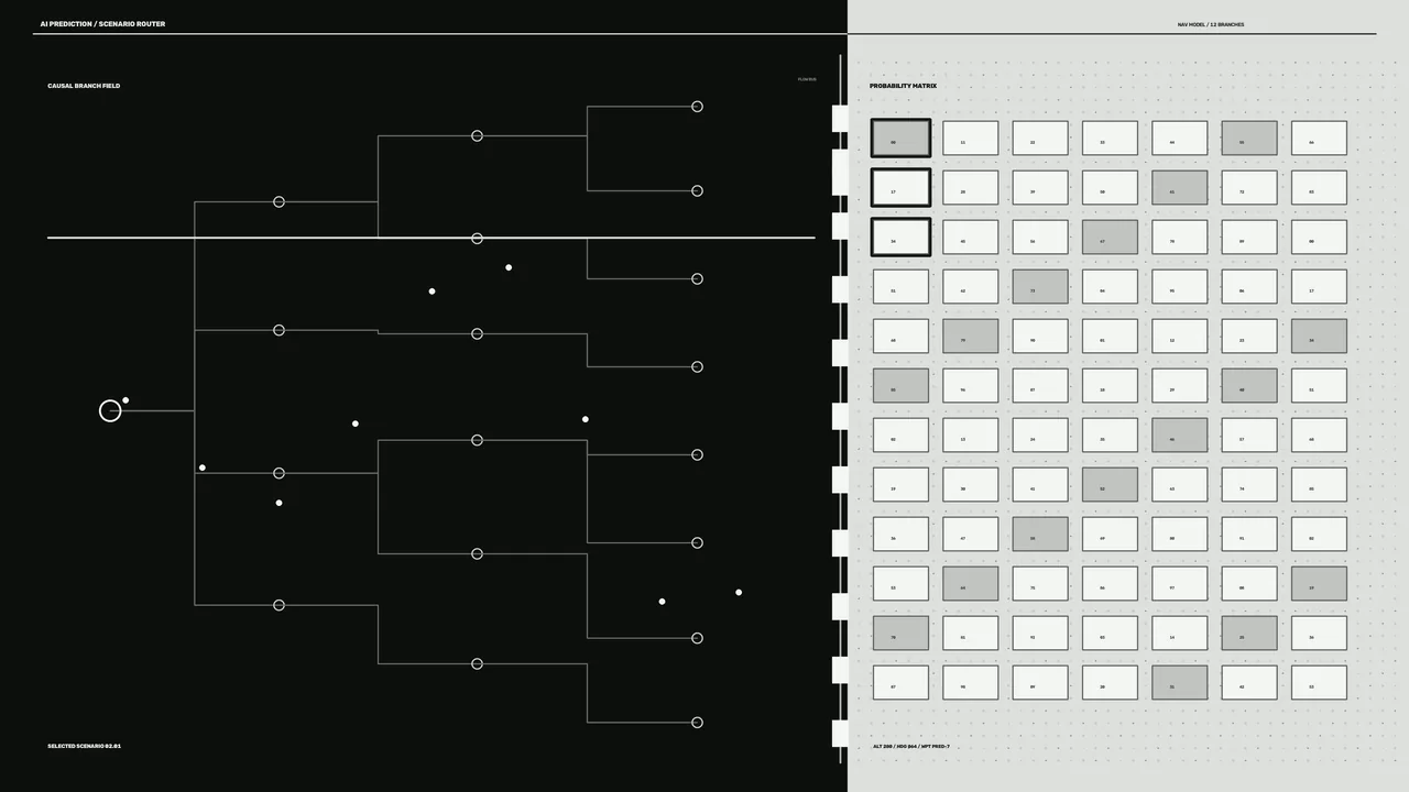 Monochrome Scenario Branching and Probability Matrix Sci-Fi HUD Wallpaper
