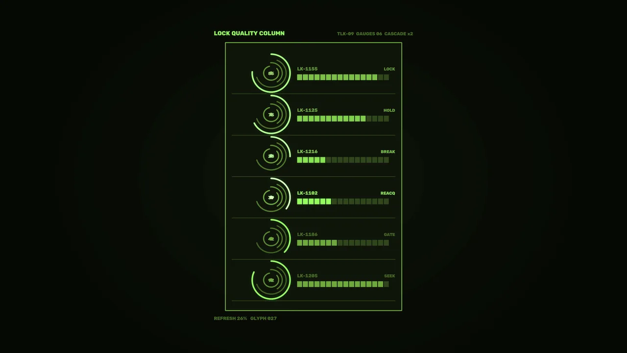 Green Sci-Fi HUD Lock Quality Dashboard with Circular Gauges