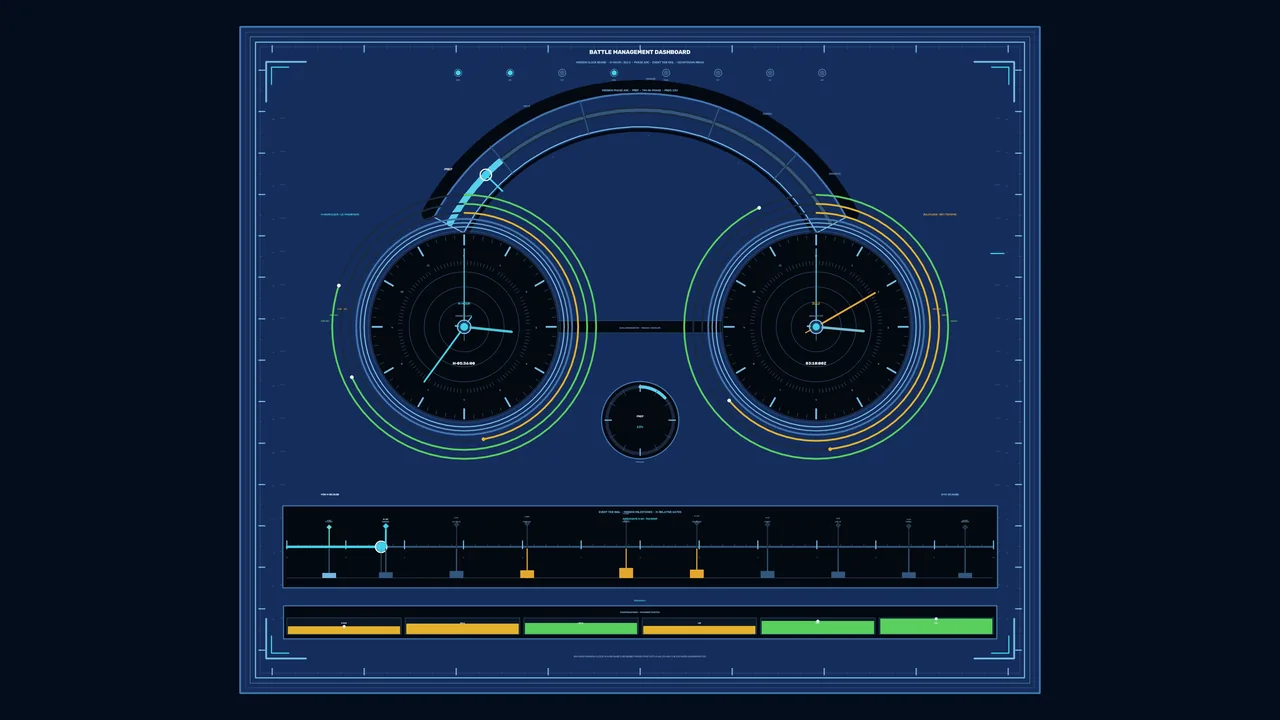 Sci-Fi Battle Management Dashboard HUD with Dual Circular Telemetry Gauges