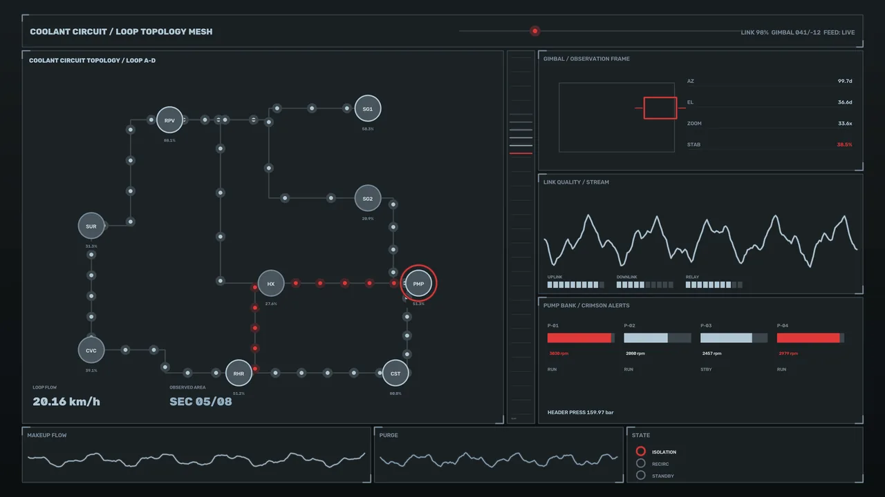 Industrial Coolant Circuit Monitoring HUD with Pump Telemetry 4K Wallpaper
