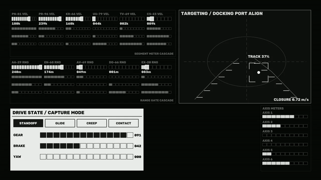 Sci-Fi Docking Alignment HUD with Reticle and Telemetry 4K Wallpaper