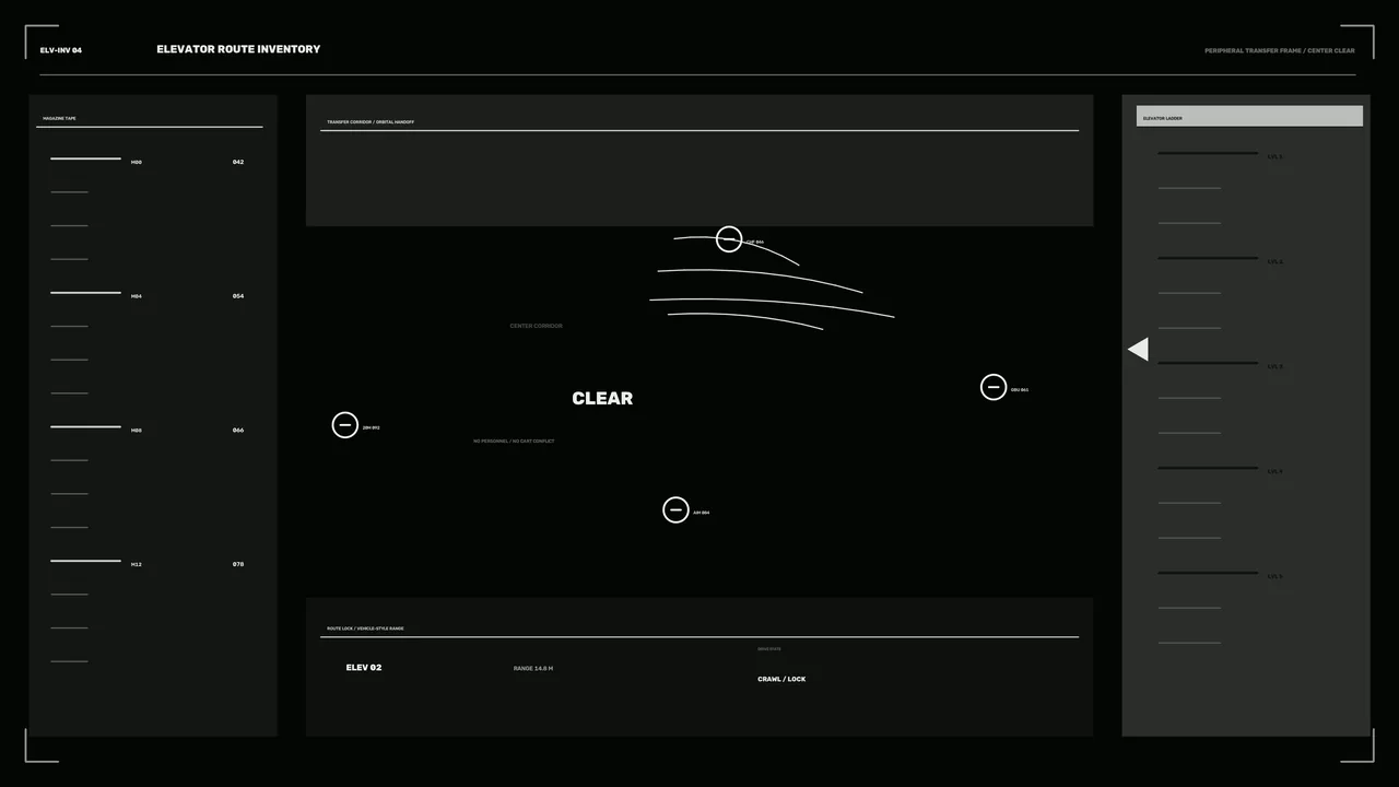 4K Sci-Fi Elevator Route Inventory HUD with Telemetry Panels