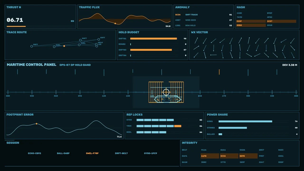 Maritime Heading Display HUD with Telemetry Charts and Cyan-Orange Instruments 4