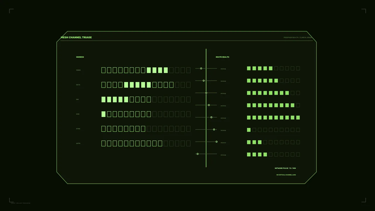 Sci-Fi Mesh Channel Status HUD with Green Telemetry Bars