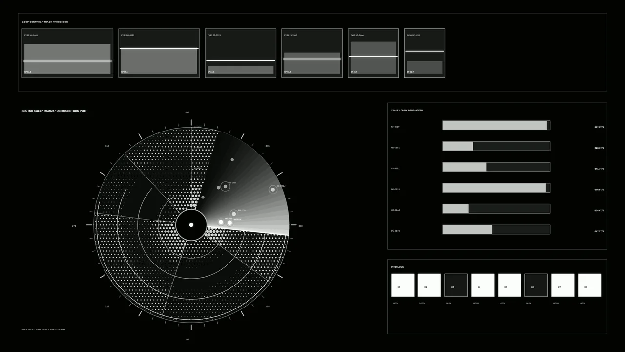 Monochrome Debris Tracking Radar HUD Dashboard