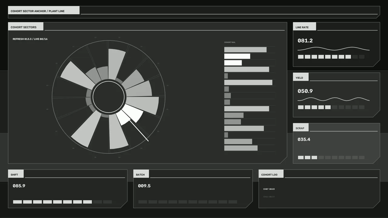 Industrial Analytics Dashboard HUD with Radial Gauge and Telemetry Panels 4K