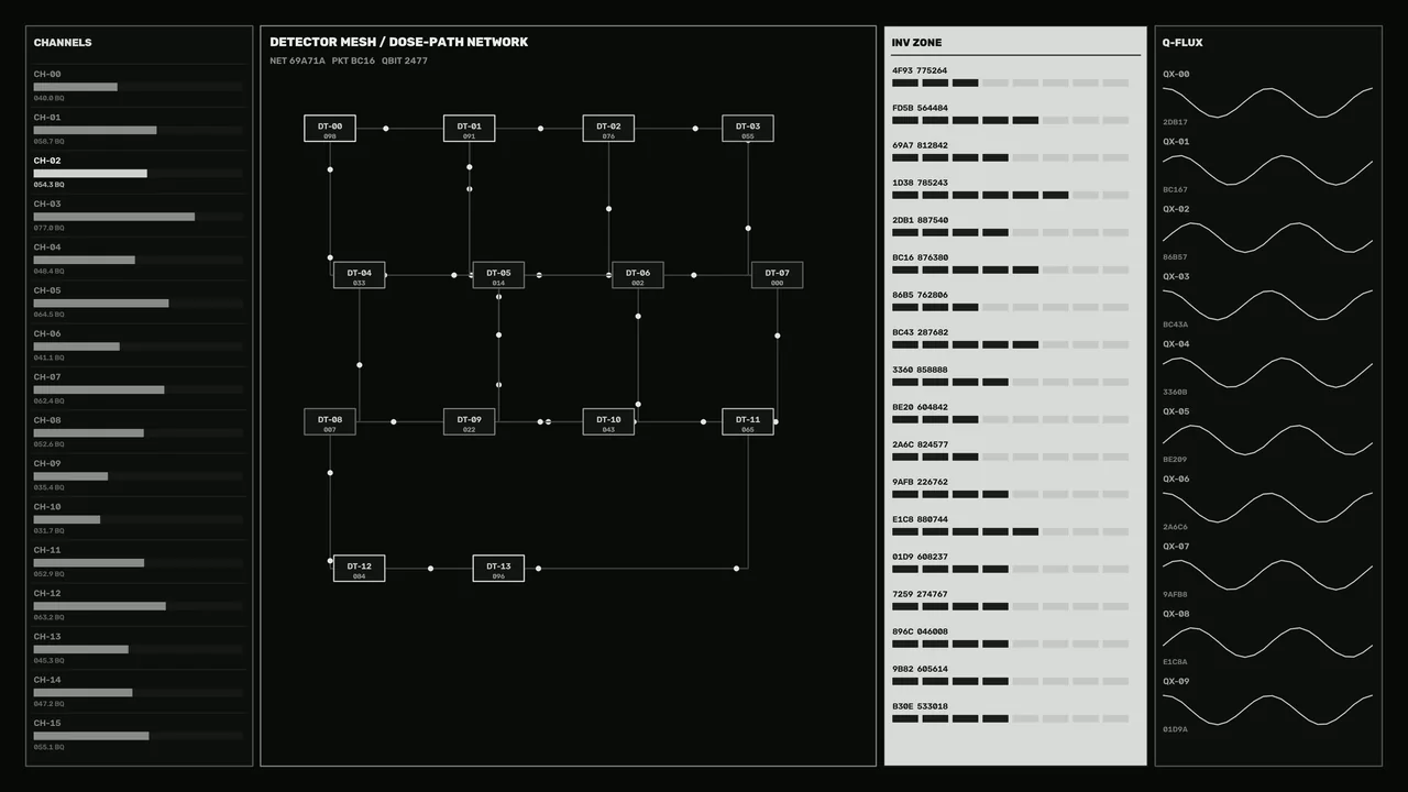 Sci-Fi Radiation Sensor HUD with Detector Mesh and Q-Flux Telemetry