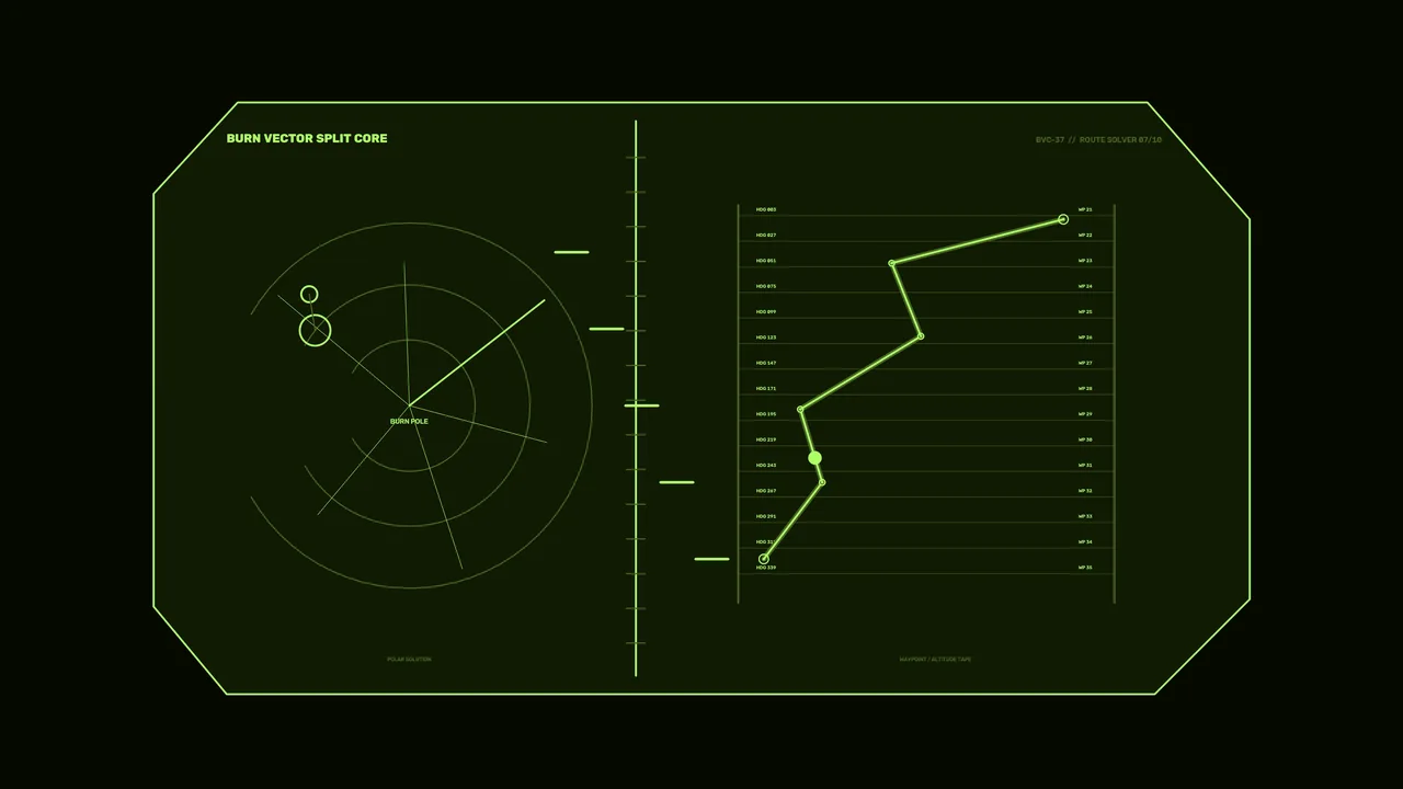 Fictional Spacecraft Navigation HUD with Polar Scanner and Route Graph