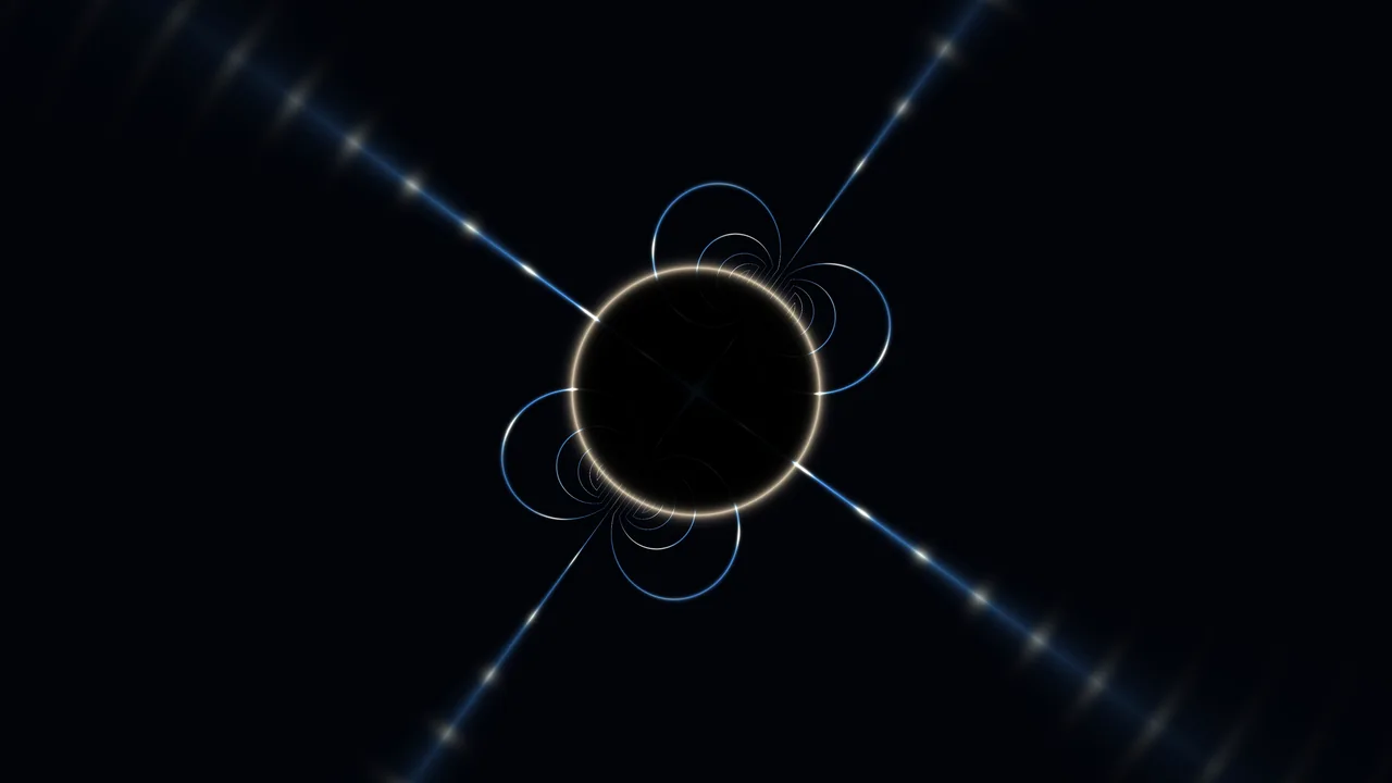 Central Eclipse with Blue Light Beams and Orbital Rings 4K Wallpaper