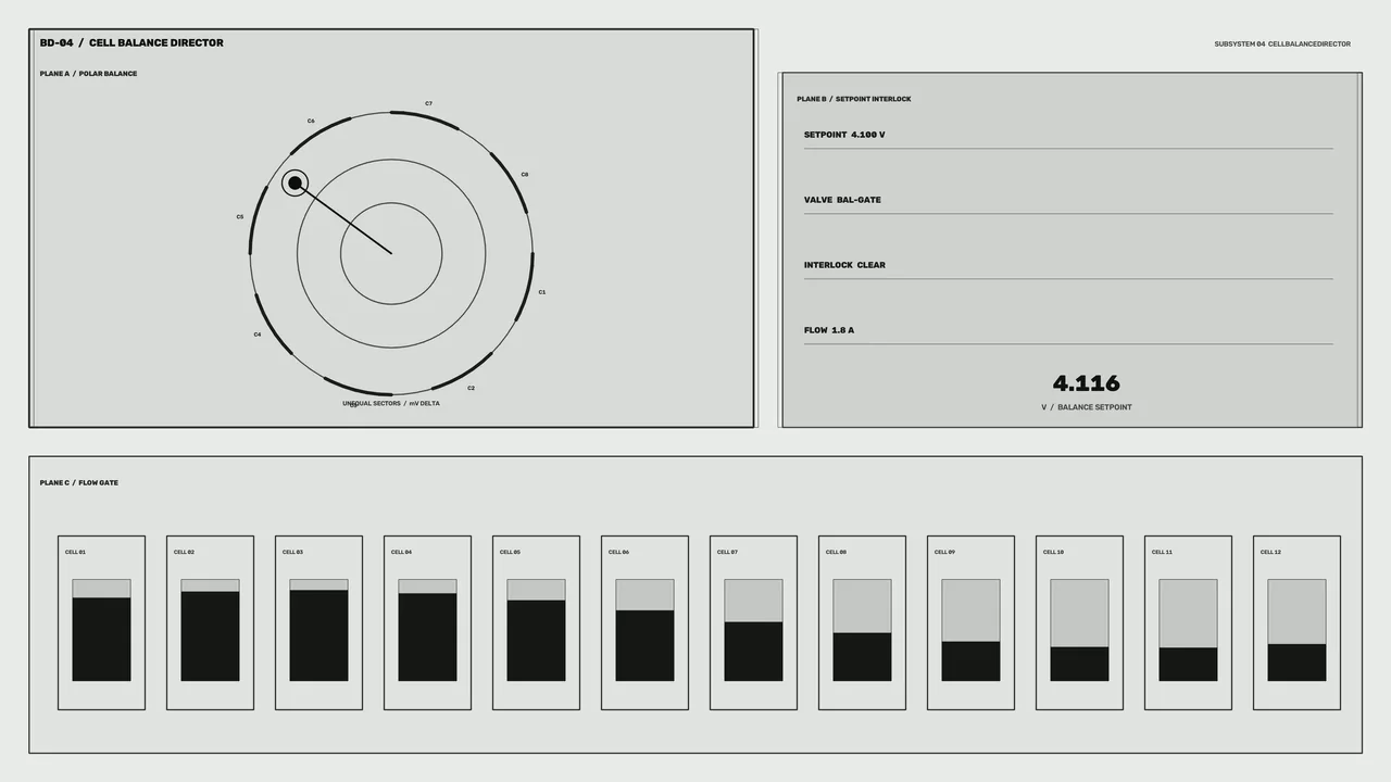 Monochrome Battery Cell Balance HUD with Circular Telemetry and Cell Bars – 4K 4