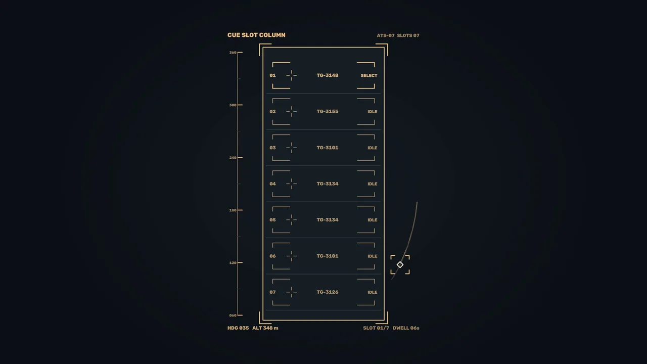 Fictional Amber Cue-Slot Selection HUD with Telemetry Scale – 4K Wallpaper