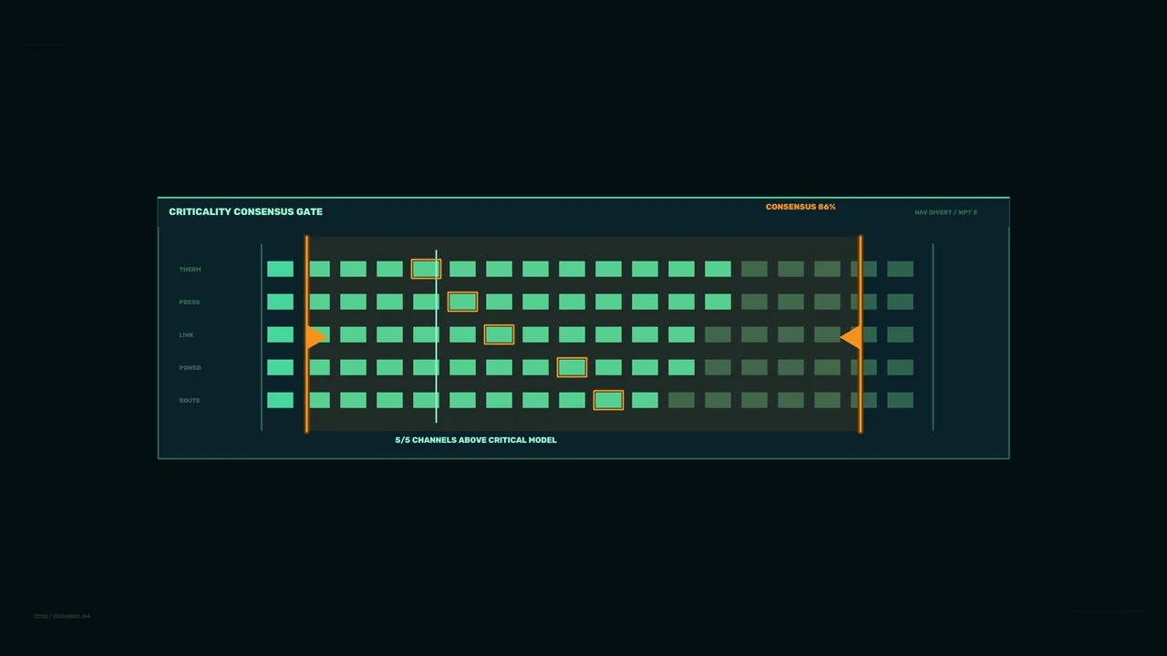 Criticality Consensus Gate HUD with Channel Status Grid – 4K Sci-Fi Wallpaper