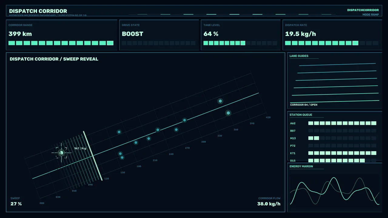 Hydrogen Microgrid Dispatch Corridor HUD Dashboard, 4K UHD Sci-Fi Wallpaper