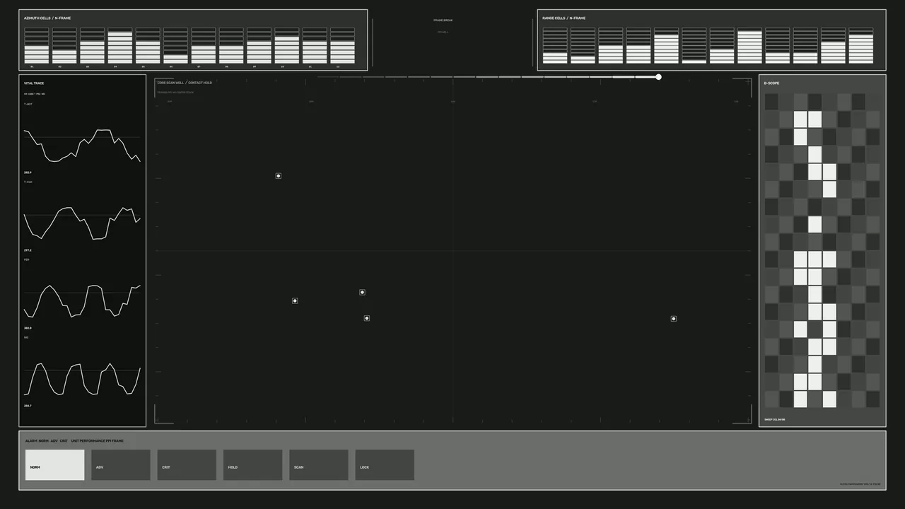 Monochrome Sci-Fi Telemetry Dashboard HUD with Trace Graphs and B-Scope