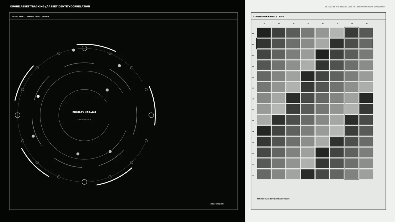 Drone Asset Tracking HUD with Orbital Scanner and Correlation Matrix