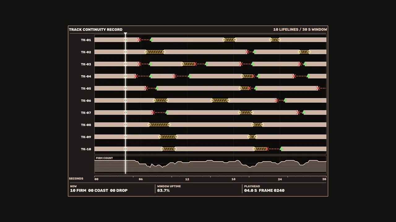 Sci-Fi Track Continuity Timeline HUD with Ten Lifelines and Firm Count Graph 4K
