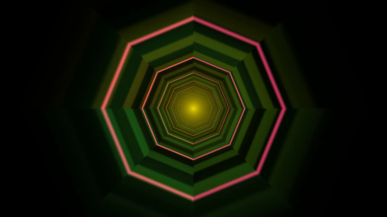 Neon Green and Pink Polygonal Tunnel with Yellow Center 4K Wallpaper