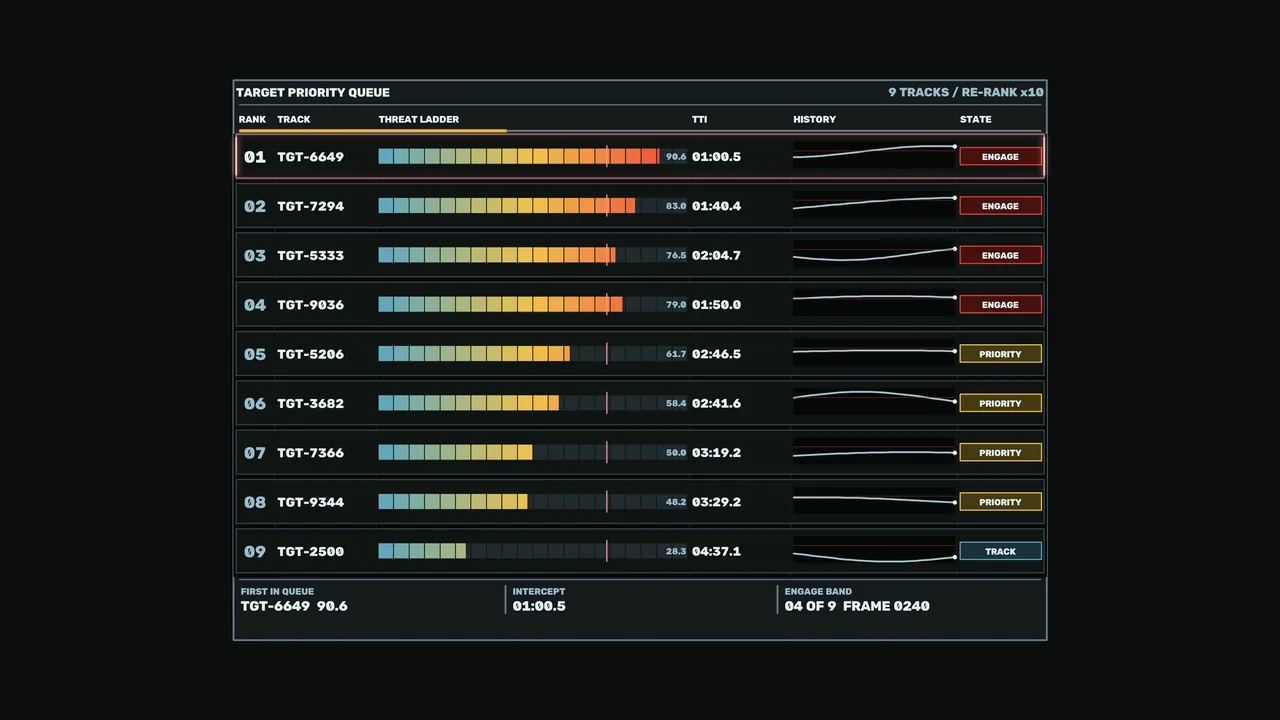 Sci-Fi Target Priority Queue HUD with Threat Ladder and Telemetry History