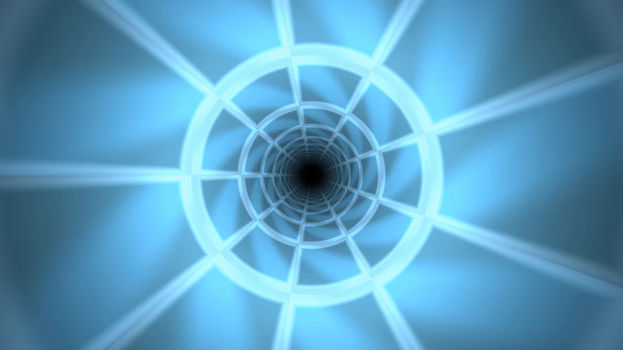 Abstract Cyan Tunnel with Concentric Rings and Radial Light Beams