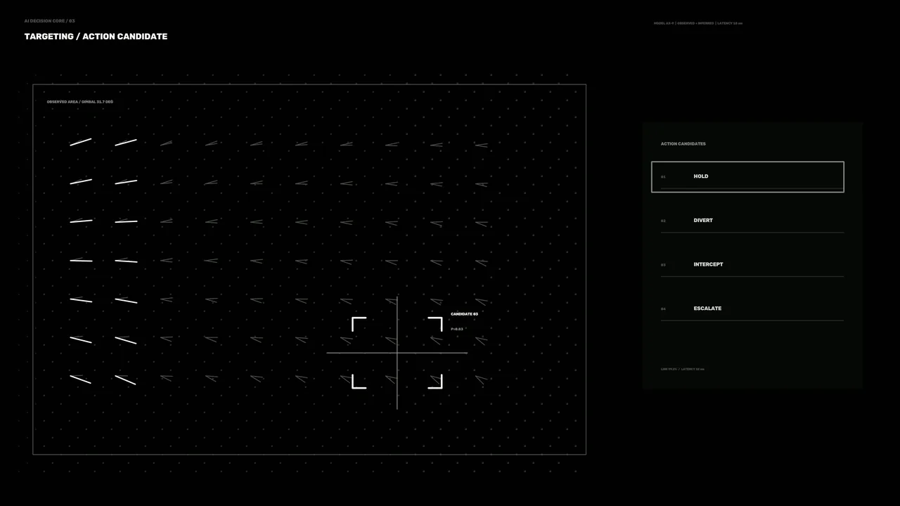 Futuristic Targeting HUD with Action Candidate Panel — 4K Wallpaper
