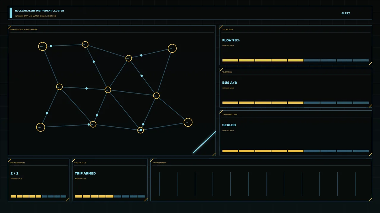 Industrial Control Alert HUD with Interlock Graph and Status Panels