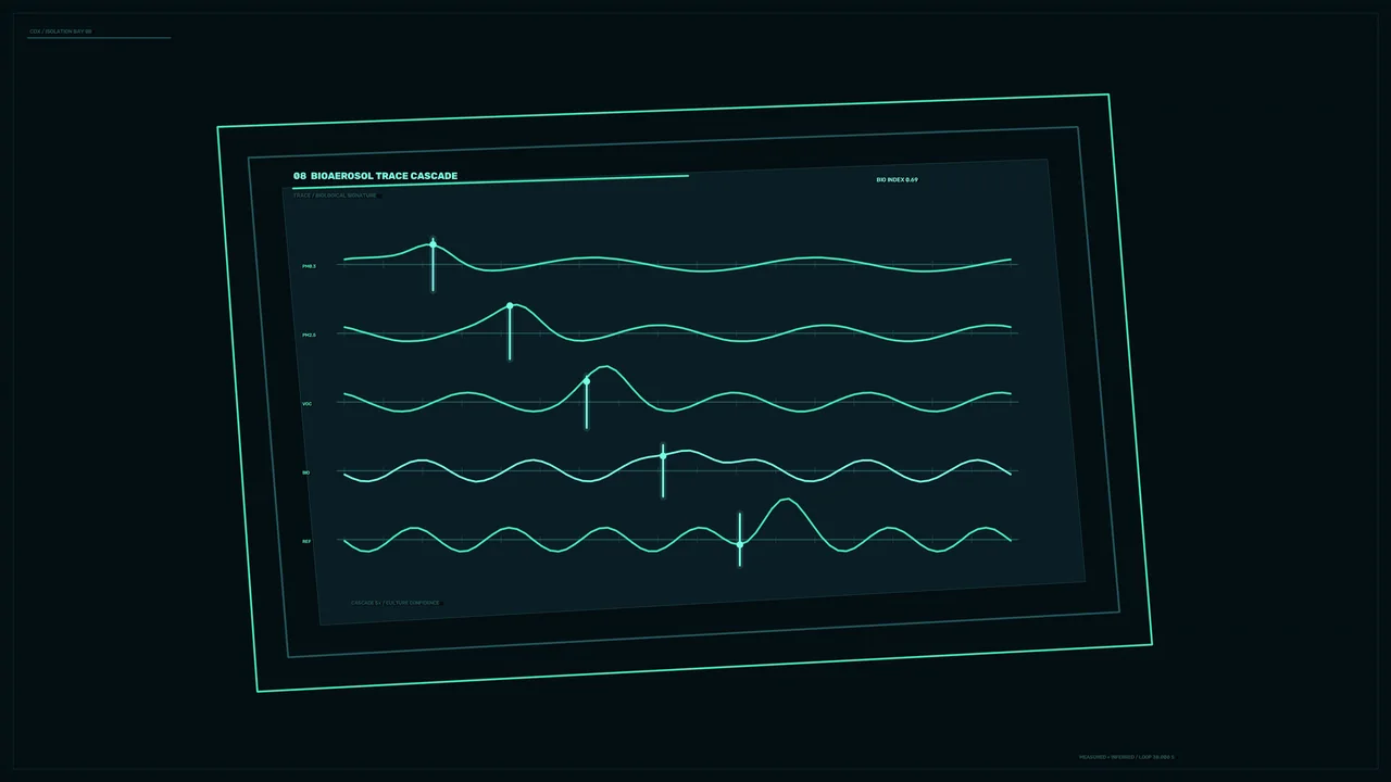 Bioaerosol Trace Diagnostic HUD with Cyan Telemetry Graphs 4K Wallpaper