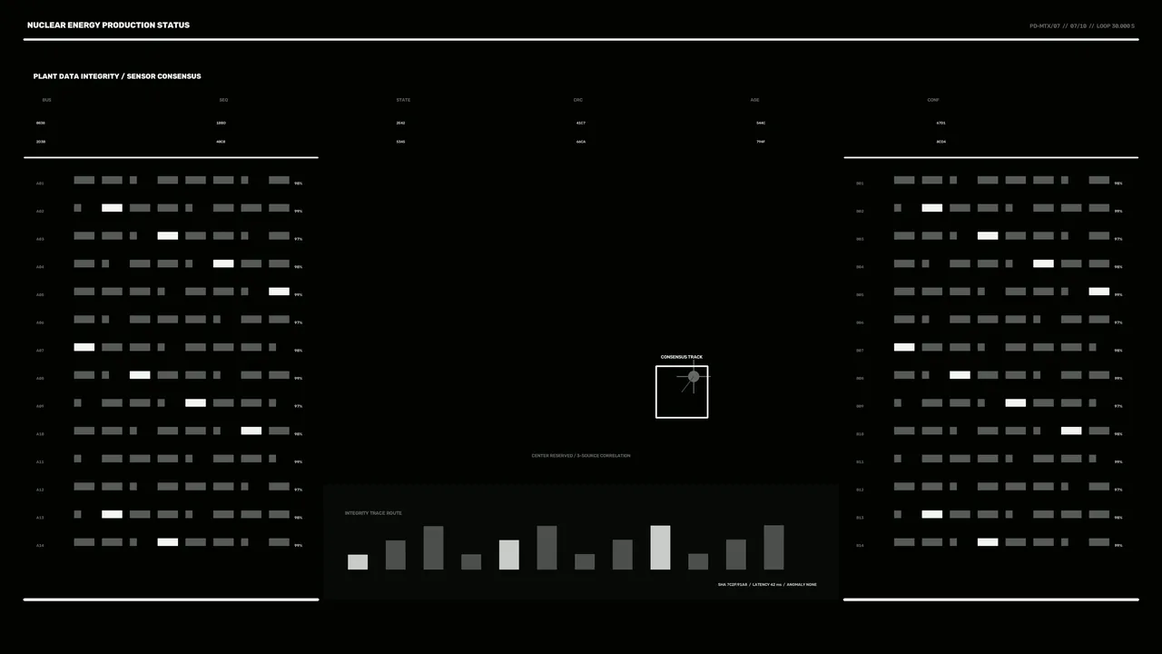 Nuclear Energy Production Status HUD with Sensor Consensus Dashboard