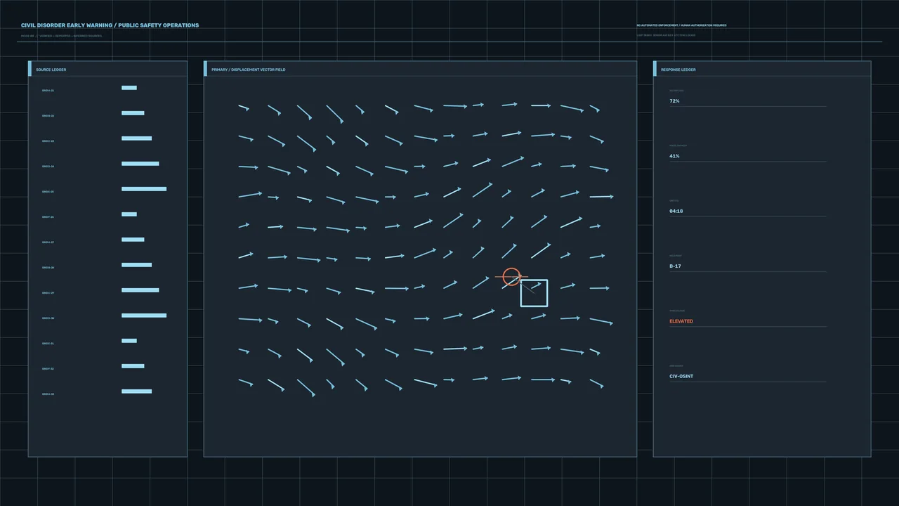 Public Safety Vector Field HUD with Telemetry Ledgers 4K Wallpaper
