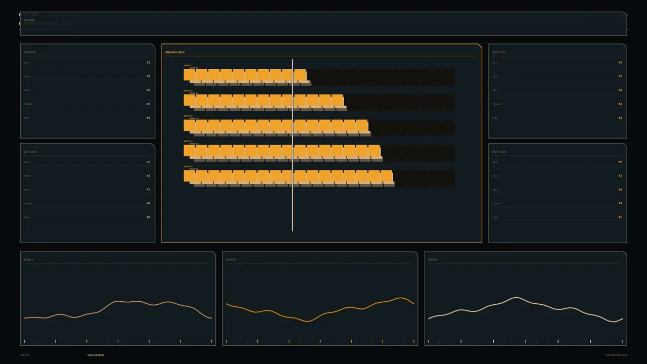 Industrial Control Dashboard HUD with Amber Telemetry Bars and Signal Graphs