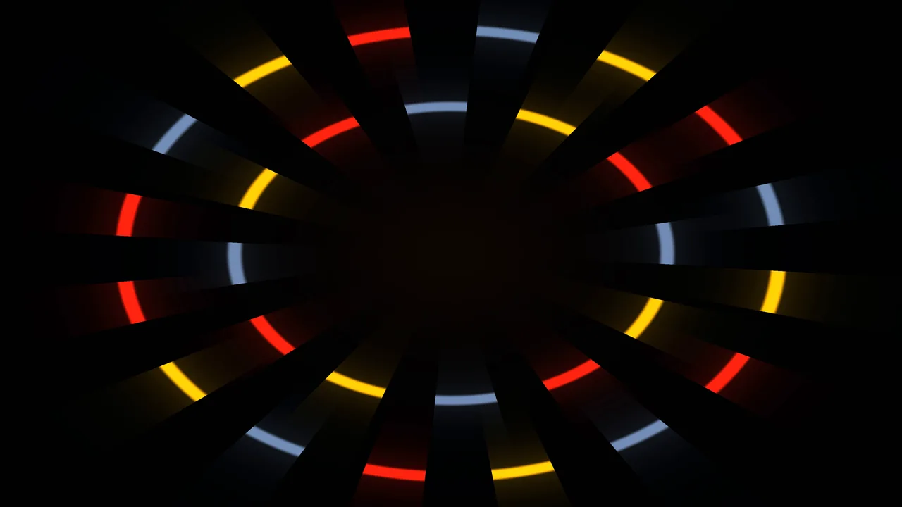 4K Abstract Radial Tunnel with Red, Yellow and Pale Blue Light Rings