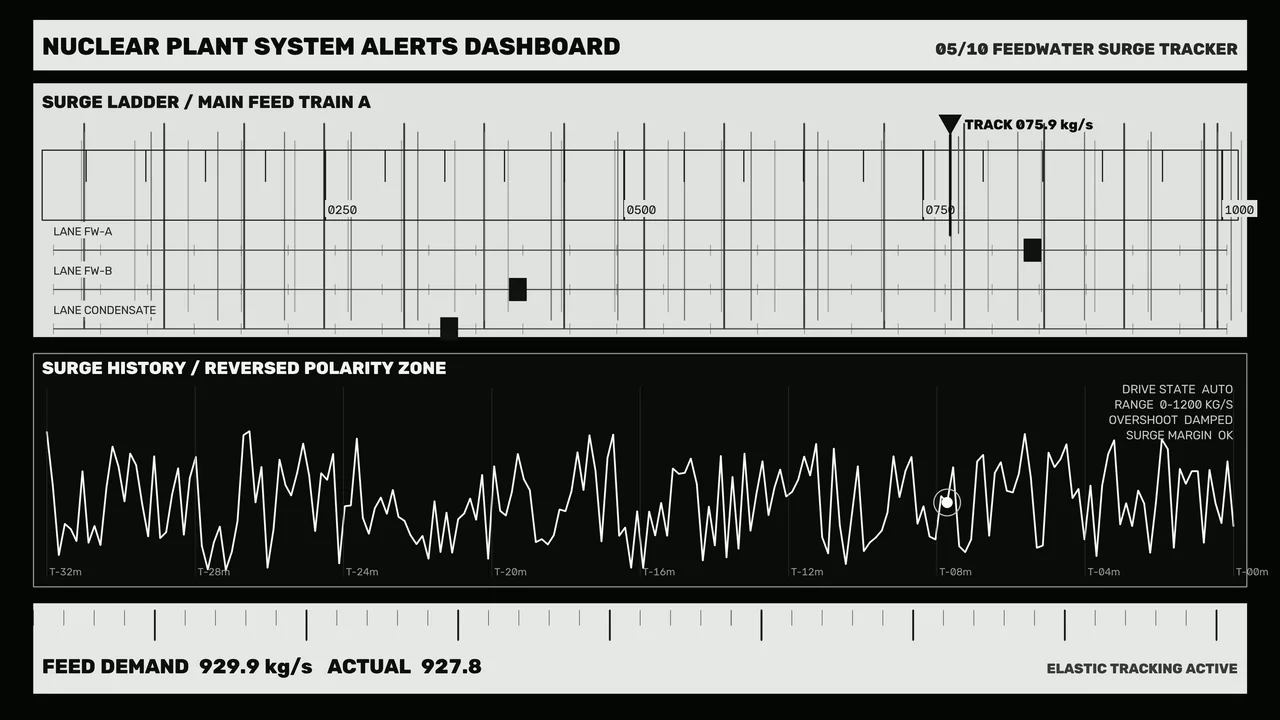 Fictional Nuclear Plant Feedwater Surge Tracker HUD Dashboard 4K Wallpaper