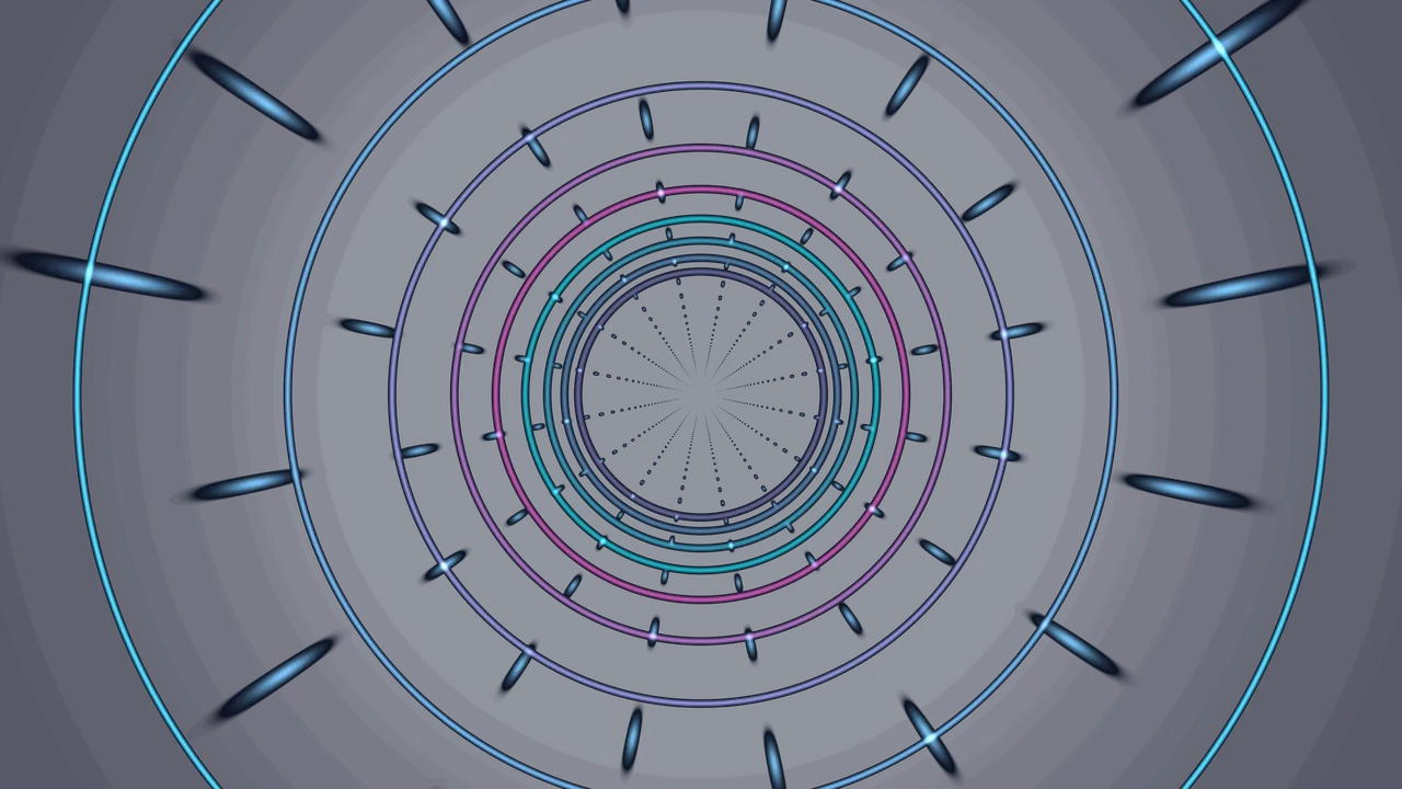 Concentric Neon Rings and Radial Light Marks on Dark Blue 4K Wallpaper