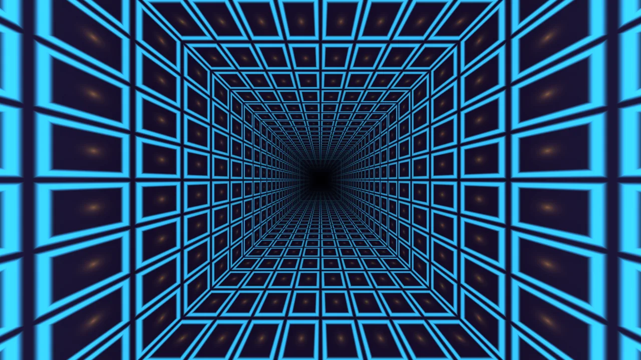 Cyan Wireframe Grid Tunnel 4K Wallpaper
