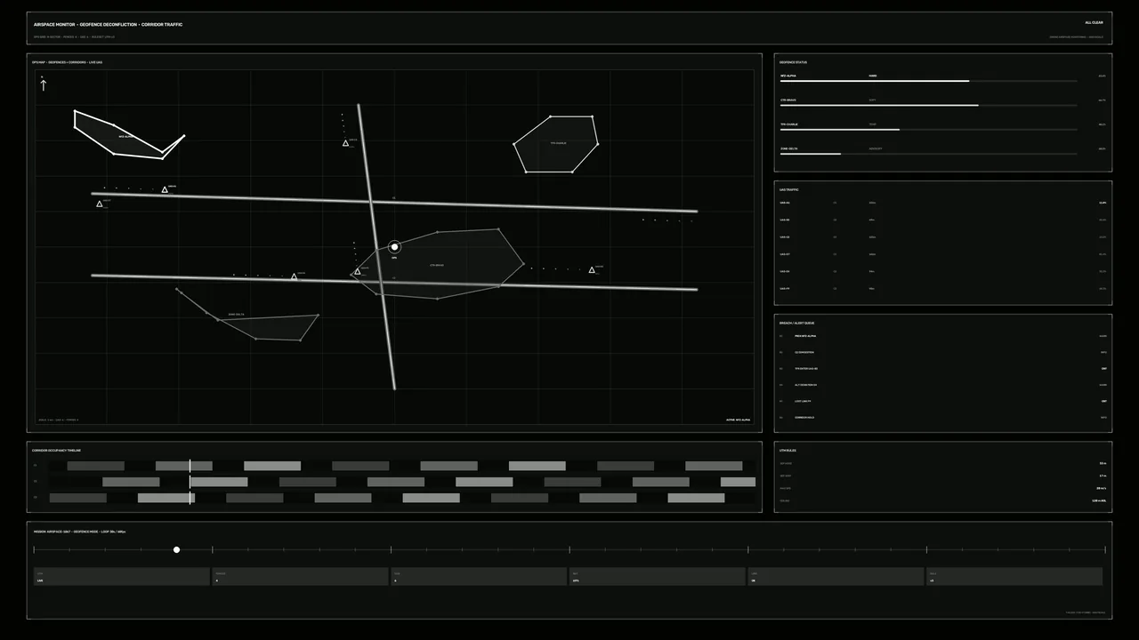 Monochrome Drone Airspace Monitoring HUD with Geofence Map and Telemetry Panels