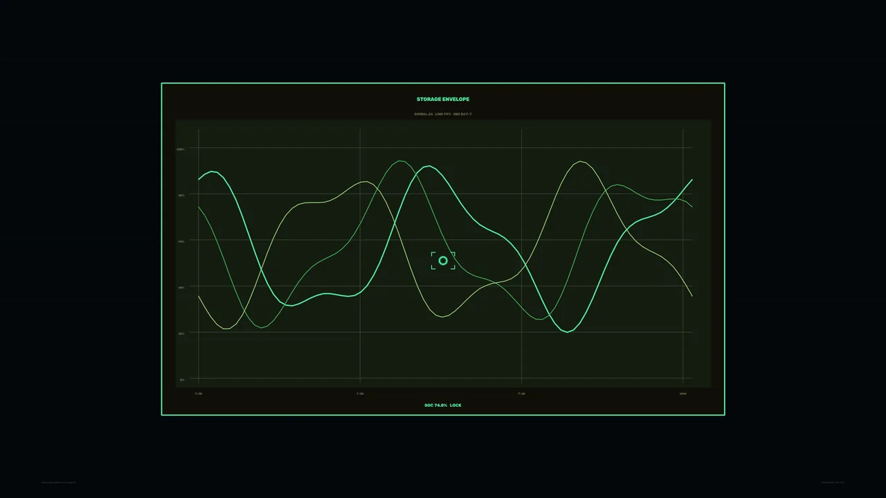 Renewable Energy Storage HUD Dashboard with Telemetry Graph, 4K Sci-Fi Wallpaper