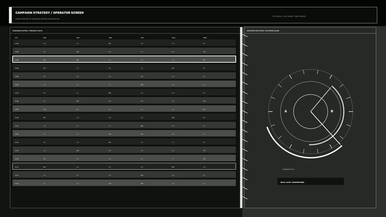 4K Sci-Fi Operator HUD Dashboard with Scenario Matrix and Circular Alignment