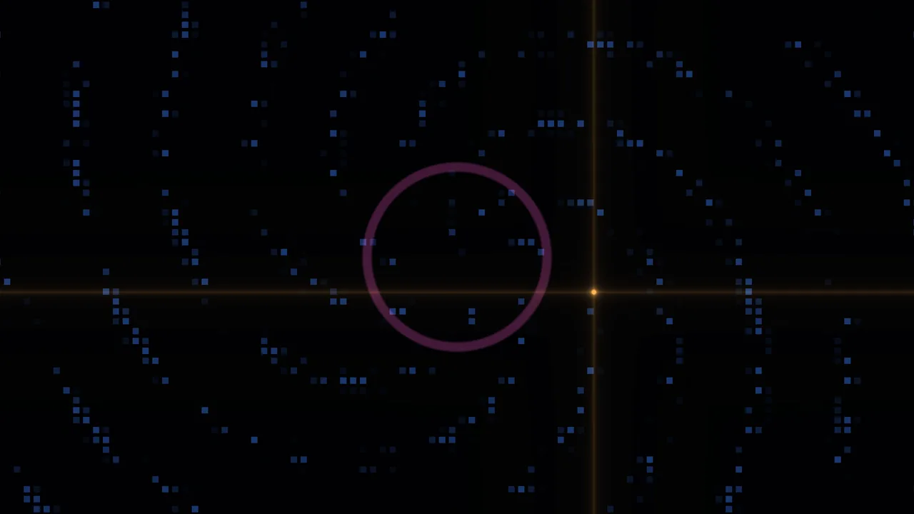 Blue Particle Field with Magenta Ring and Golden Light Cross