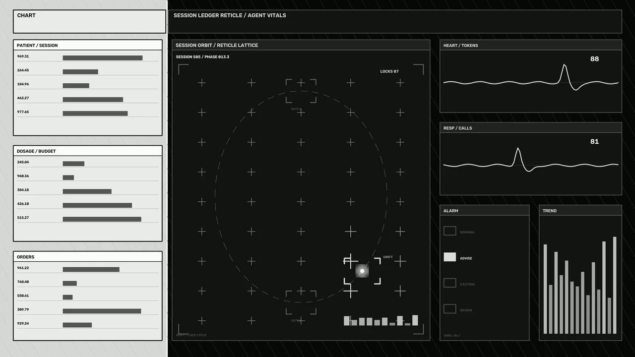 Agent Activity Dashboard HUD with Reticle, Telemetry Charts and Alert Panels