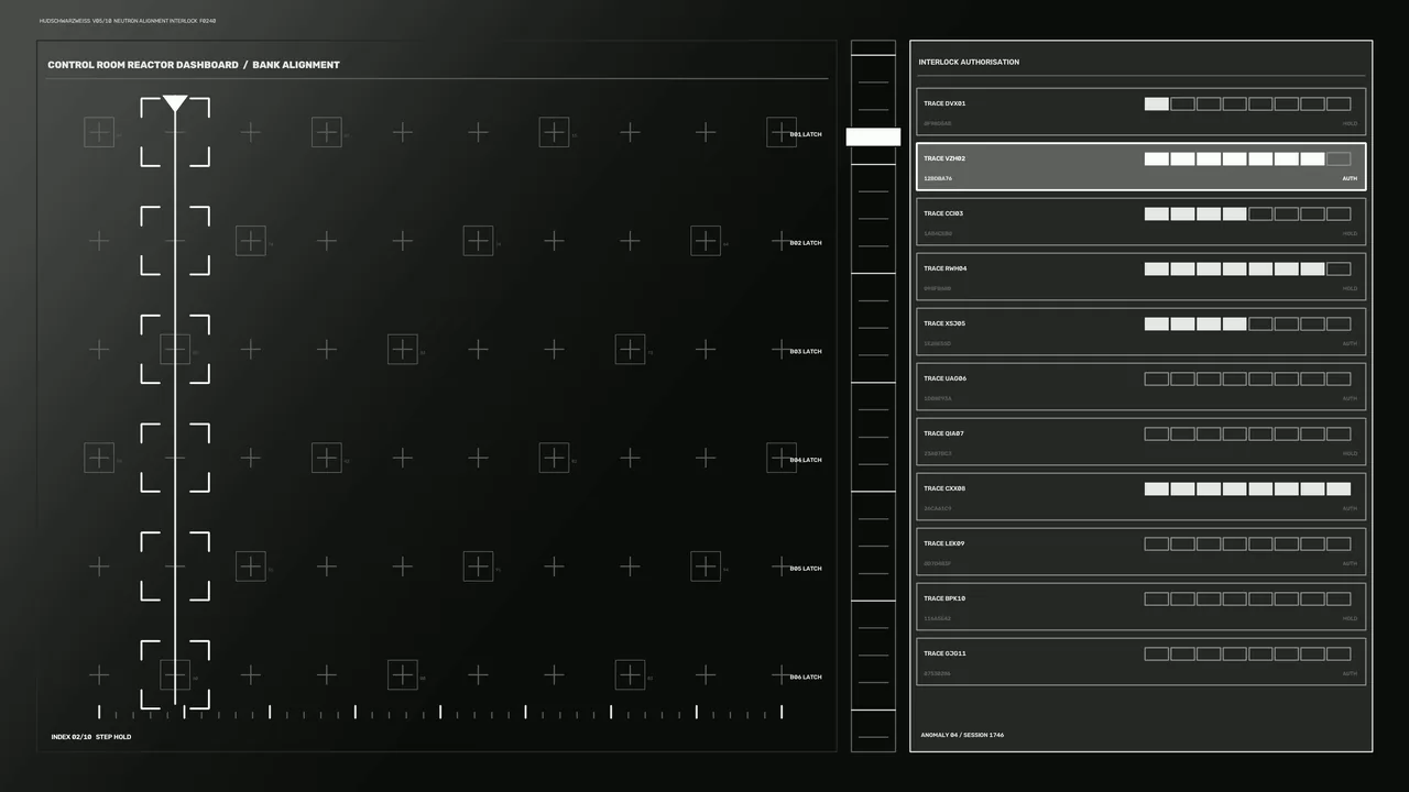 Fictional Reactor Control Room HUD with Alignment Grid and Trace Panels | 4K