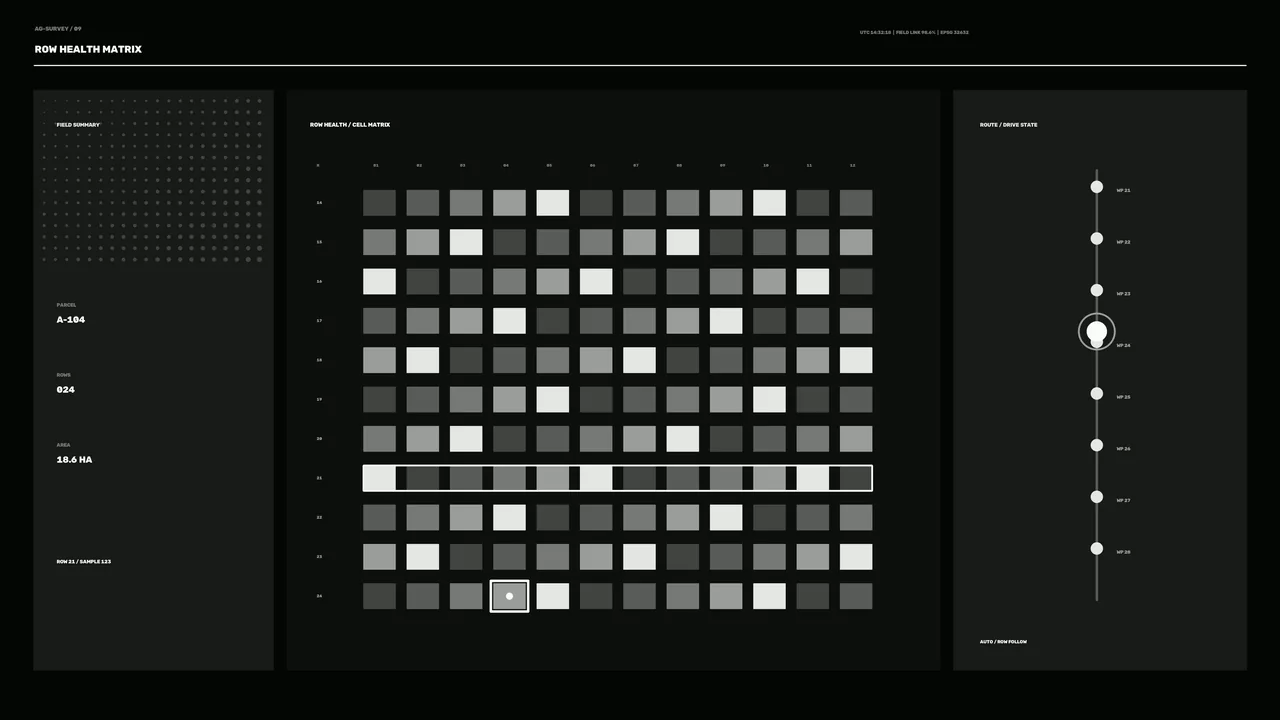 Agricultural Row Health Matrix HUD — Monochrome 4K Wallpaper