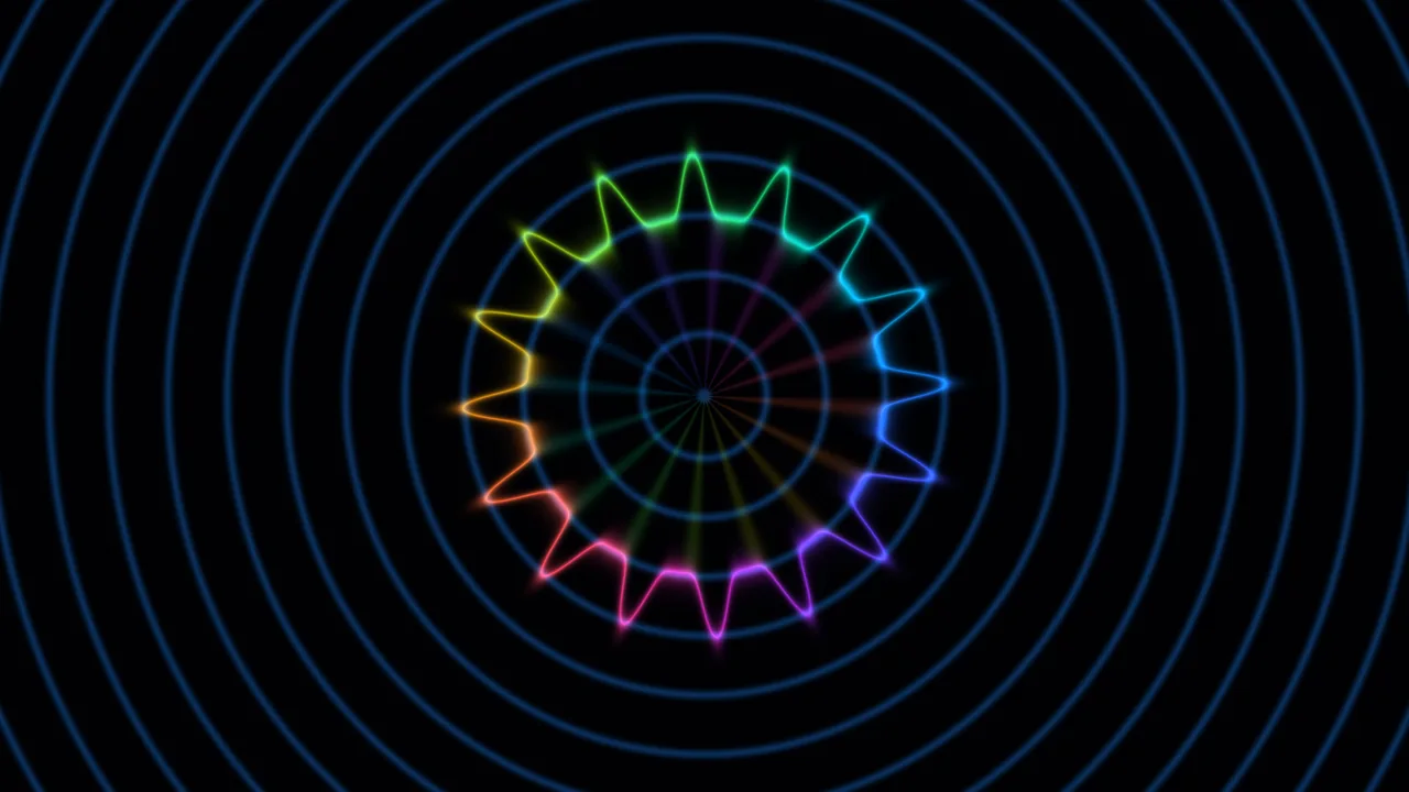 Neon Rainbow Spectrum Ring with Concentric Blue Circles 4K Wallpaper