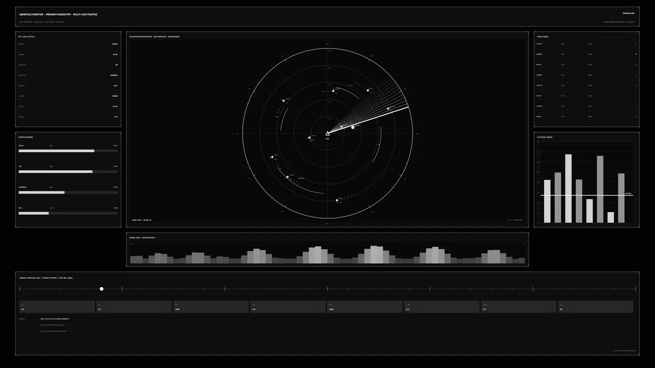 Monochrome Airspace Radar HUD Dashboard with Circular Scanner and Telemetry