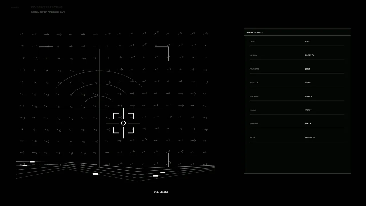 Monochrome Science Fiction Telemetry HUD with Vector Field and Setpoint Panel