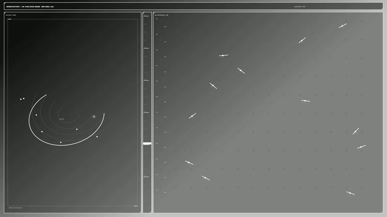 Monochrome Drone Battery Telemetry HUD with Circular Scanner and Grid Dashboard