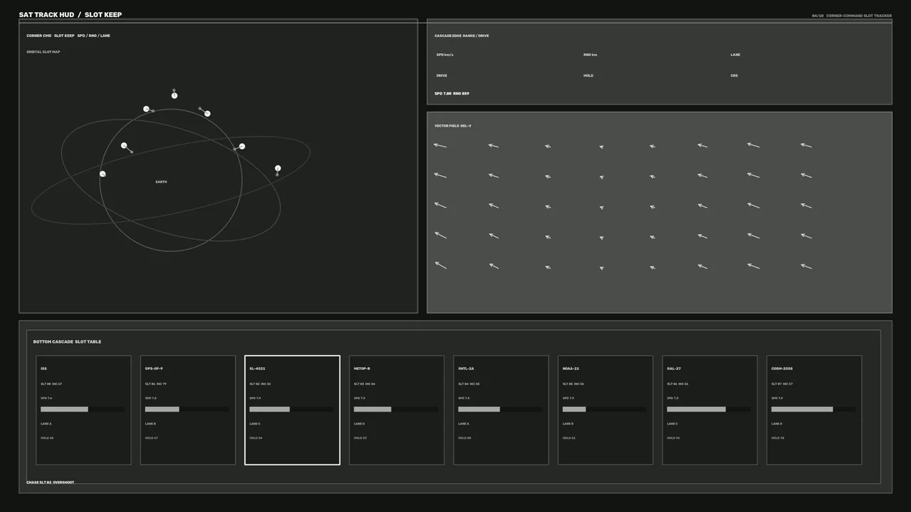 Satellite Orbital Tracking HUD Dashboard with Map, Vector Field and Slot Table |