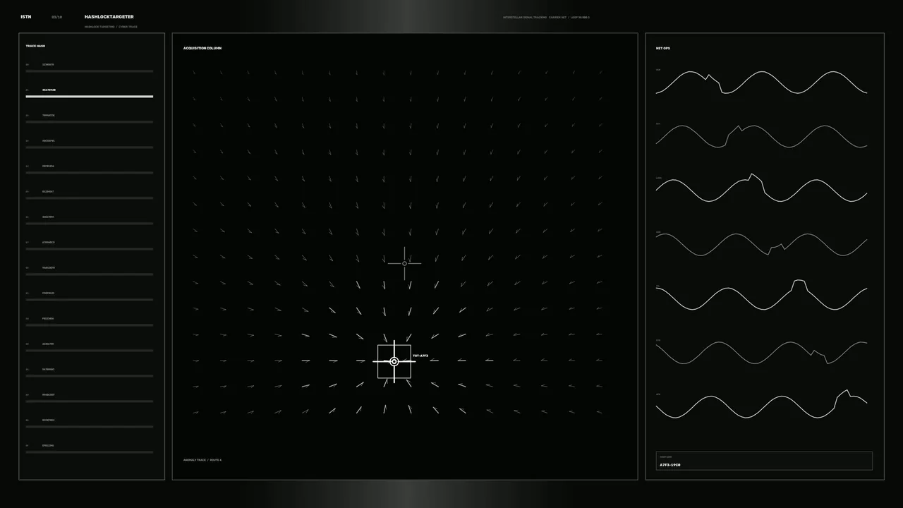 Interstellar Signal Tracking HUD with Reticle and Waveform Panels