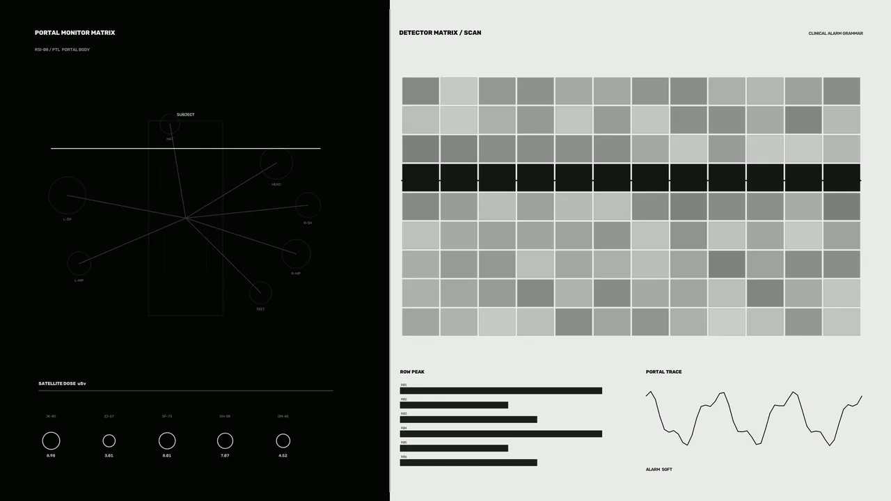 Monochrome Radiation Sensor Scan HUD and Portal Telemetry Dashboard