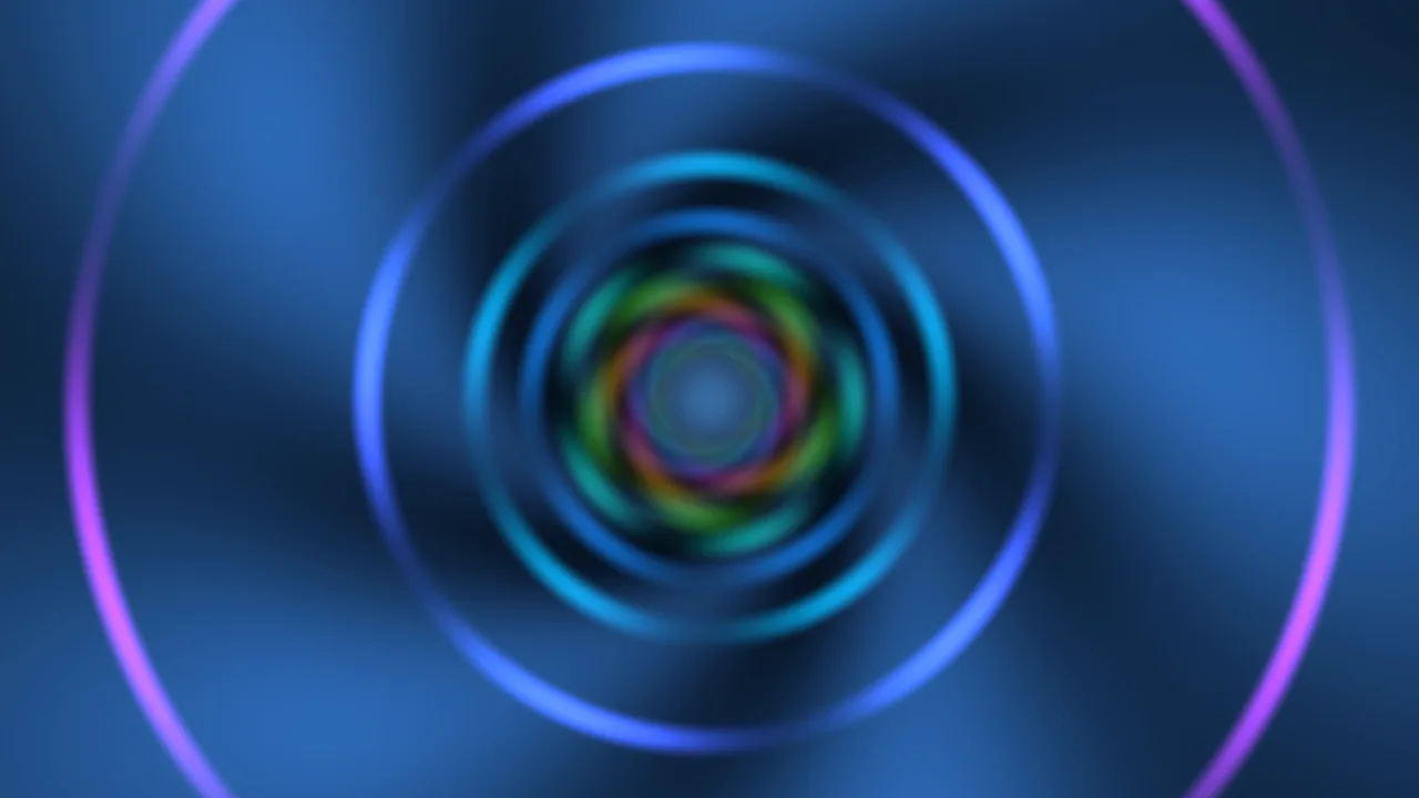 Abstract Neon Tunnel with Concentric Blue, Purple and Rainbow Rings