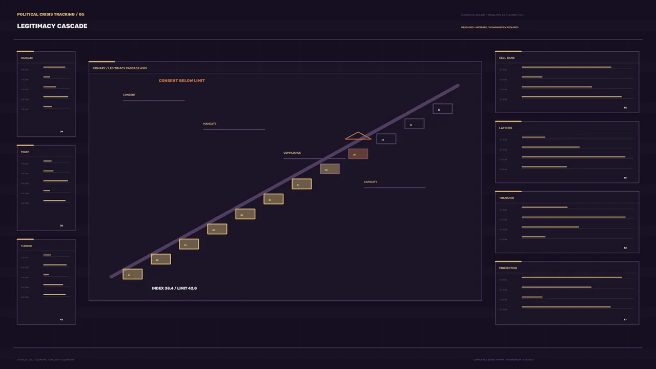 Legitimacy Cascade Political Crisis Tracking HUD 4K Wallpaper