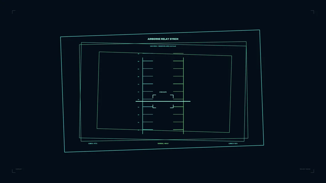 Airborne Relay Sync Telemetry HUD with Teal Wireframe Display